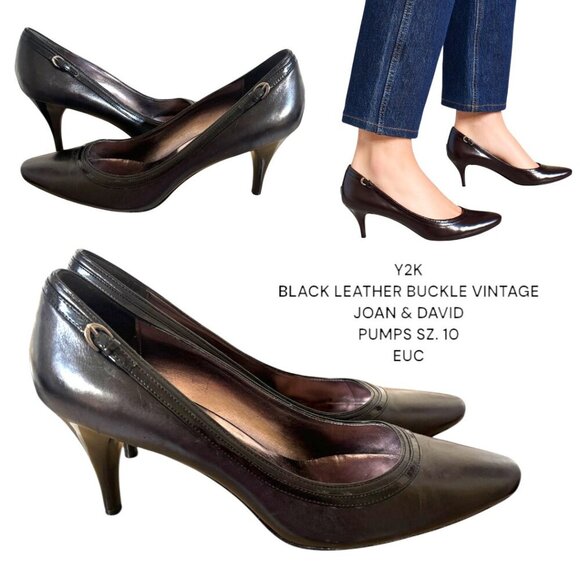 Y2K 2000'S VINTAGE BLACK LEATHER BUCKLE JOAN & DAVID PUMPS HEELS SZ. 10 EUC - Picture 1 of 6